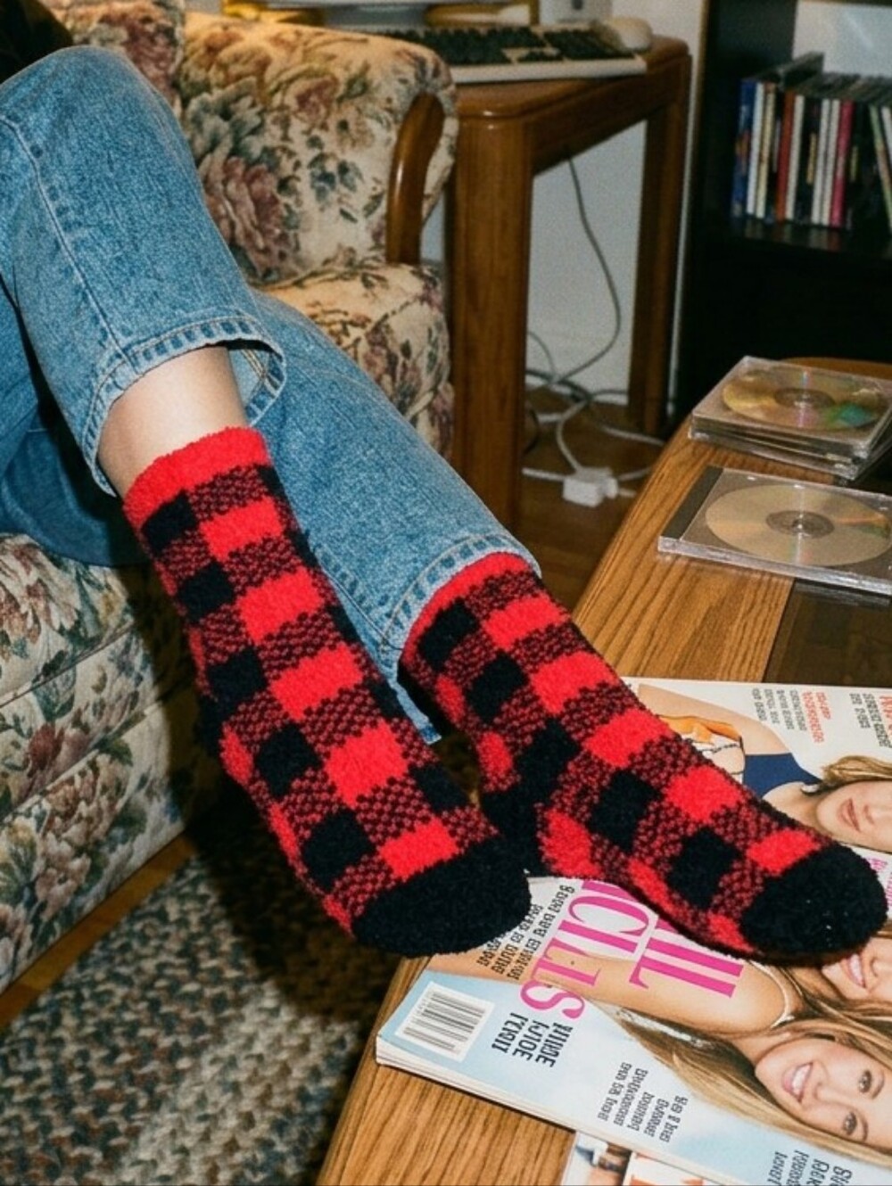 Mixit Red and Black Plaid Cozy Socks